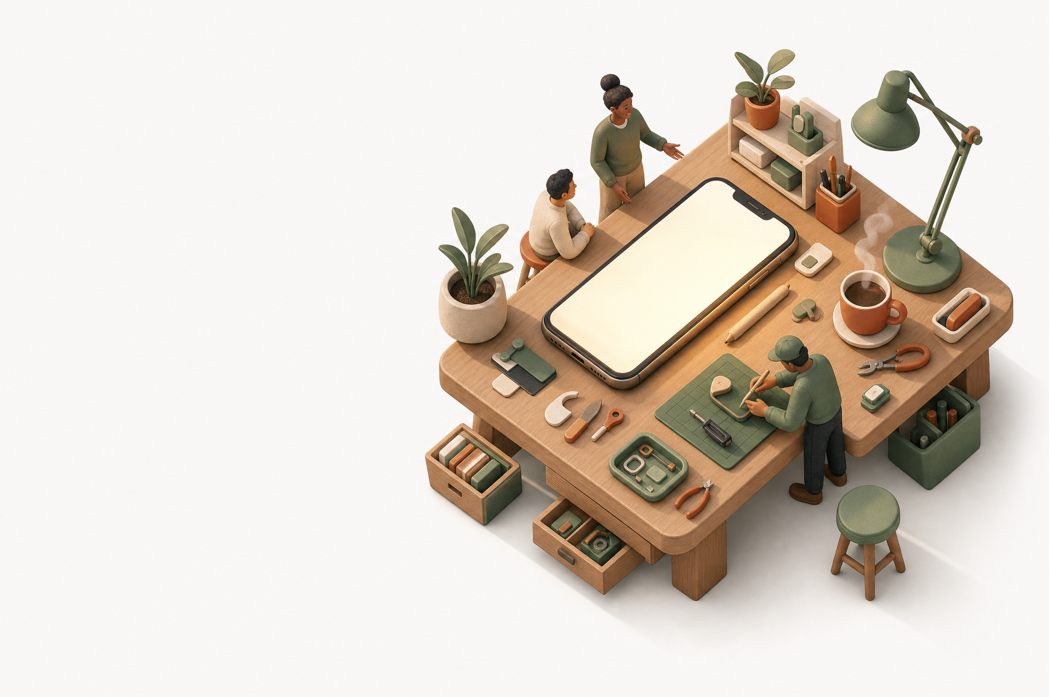 Isometric illustration of a small workshop where people craft helpful digital tools