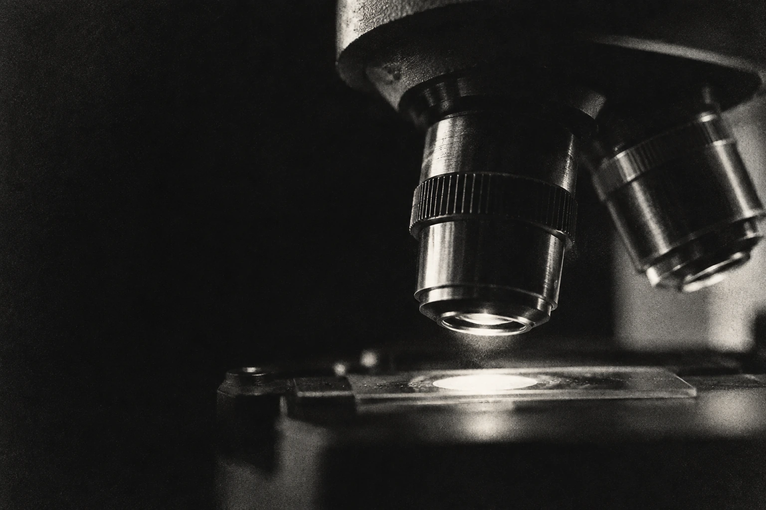 A microscope objective illuminating a slide, rendered in grainy black and white.