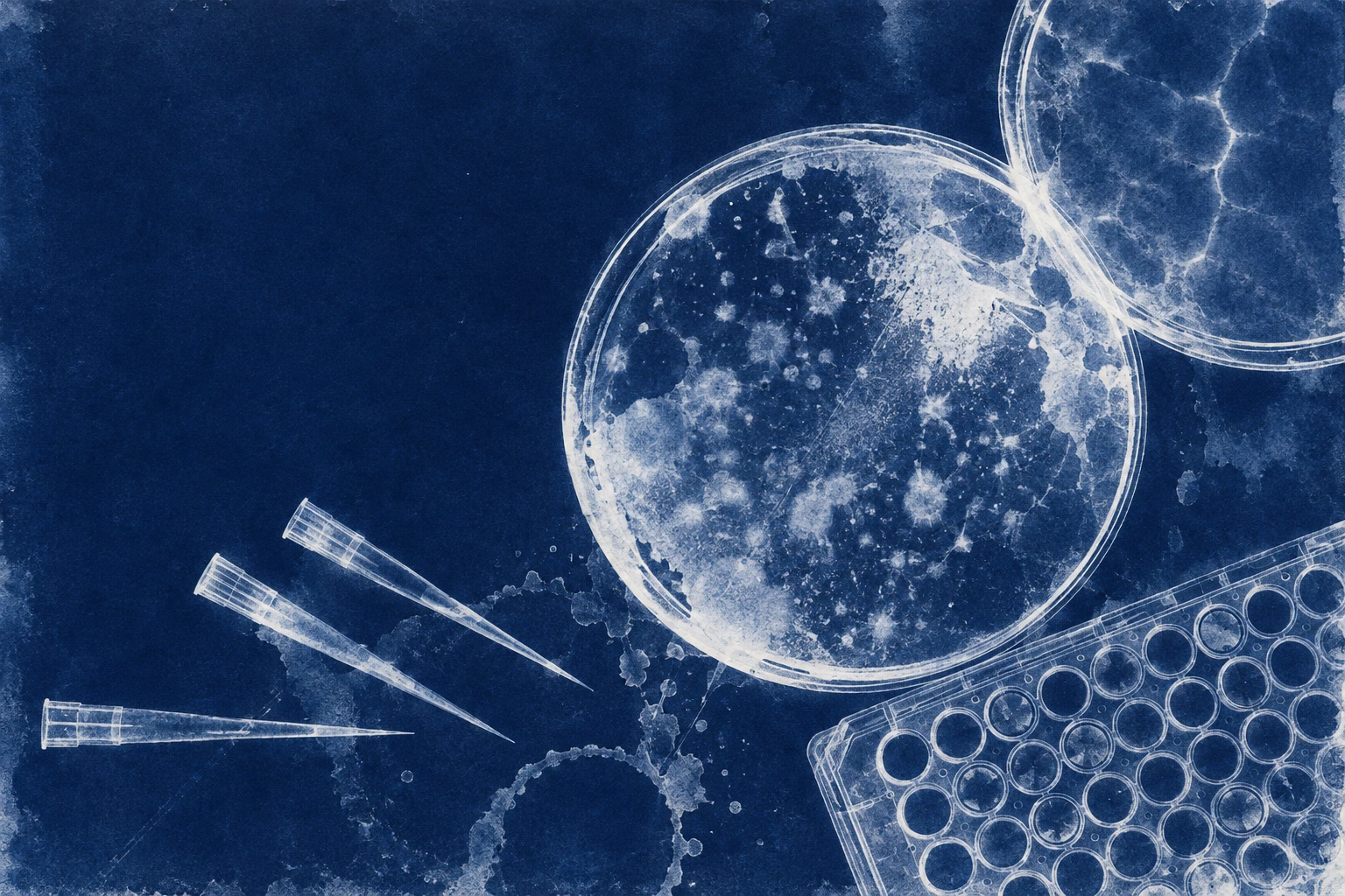 An overlapping photogram of laboratory vessels, like traces of experiments.