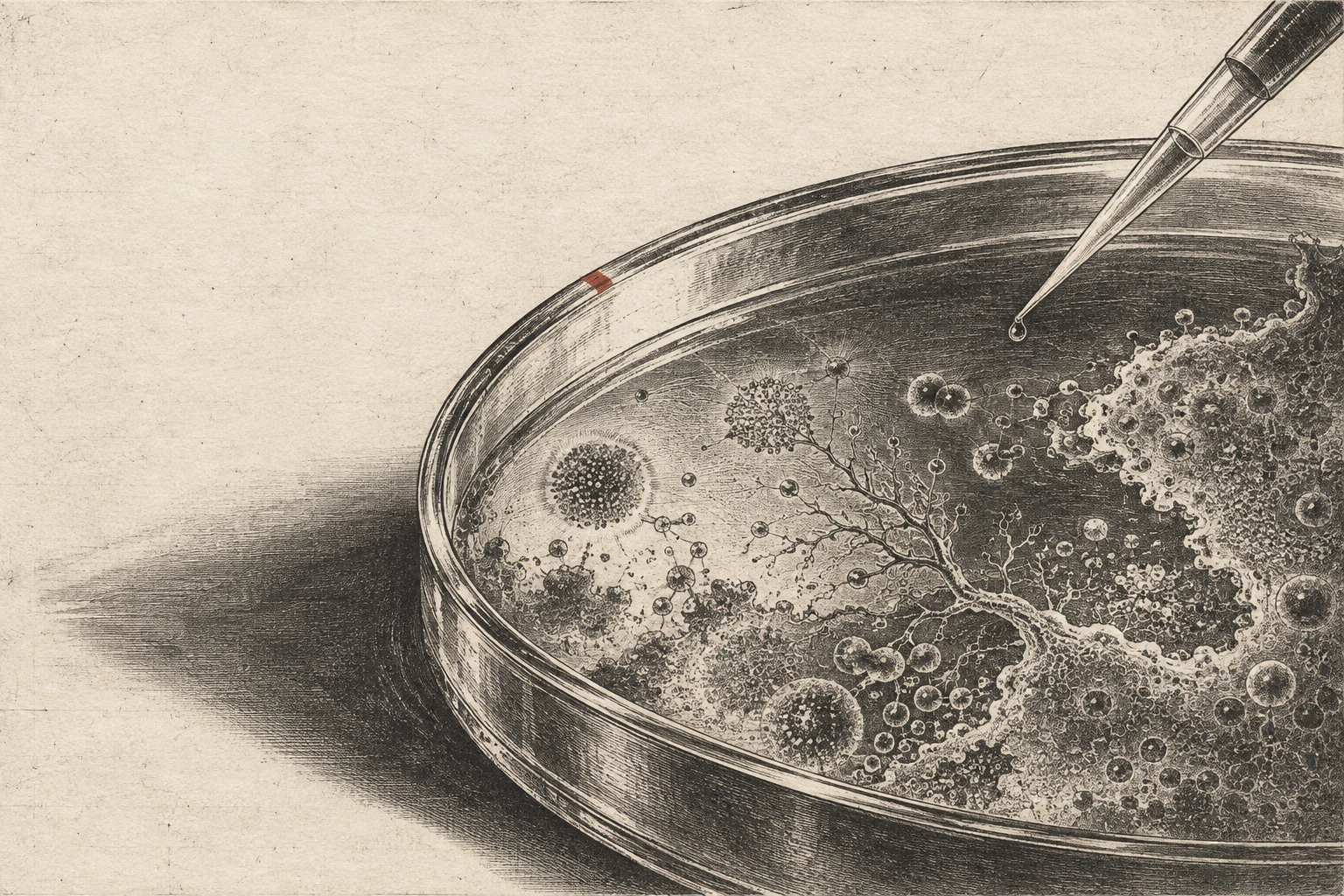 An etched pipette poised above a petri dish.